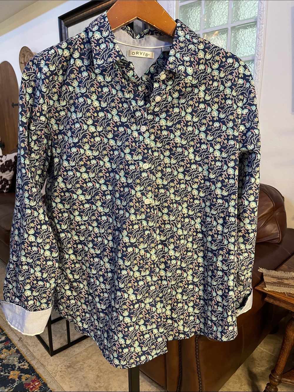 Orvis Navy Floral Button-Down Shirt with Light Blue and Green Accents